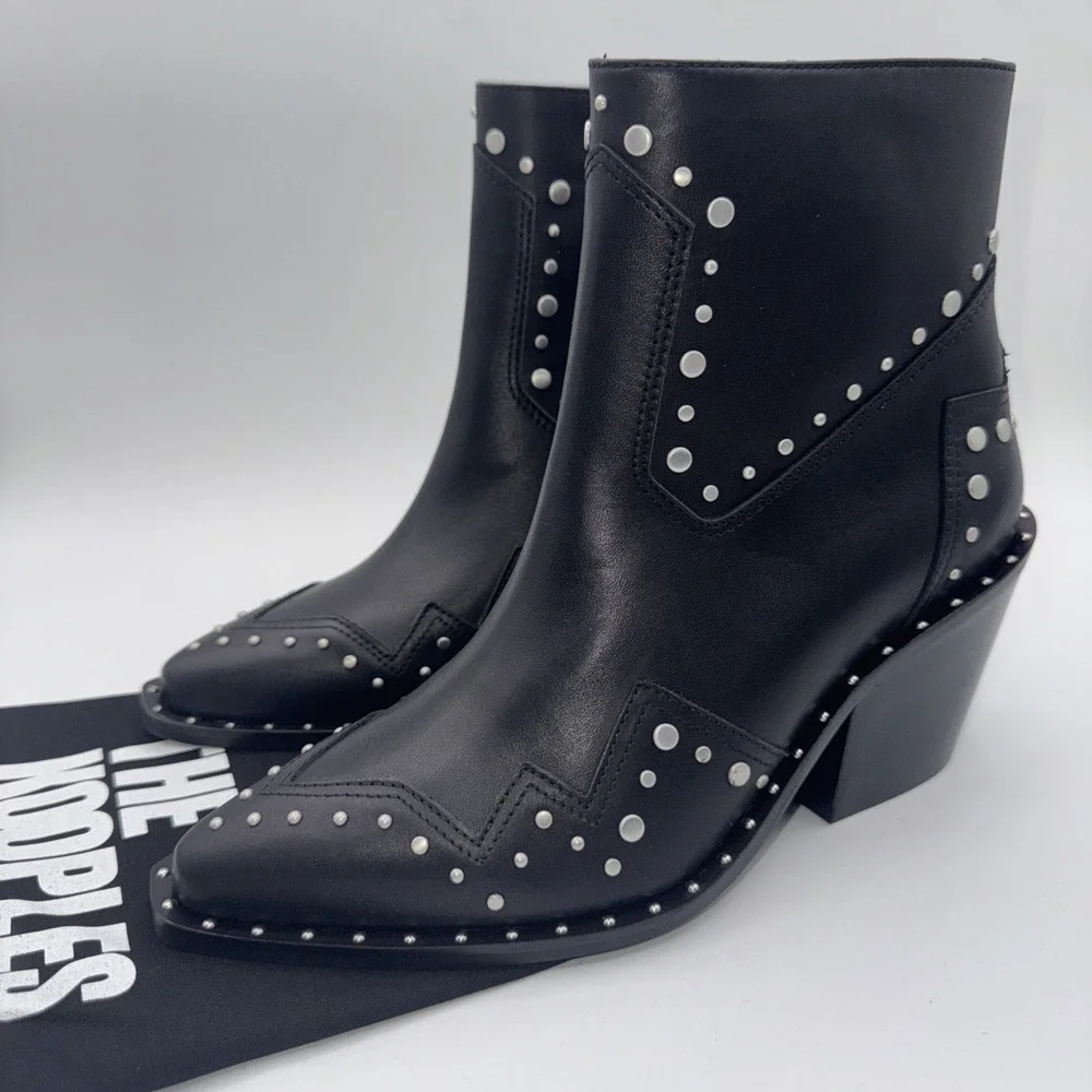 The Kooples Santiag Studded Boot Women's Size 7 EU 38 Black Leather Dustbag